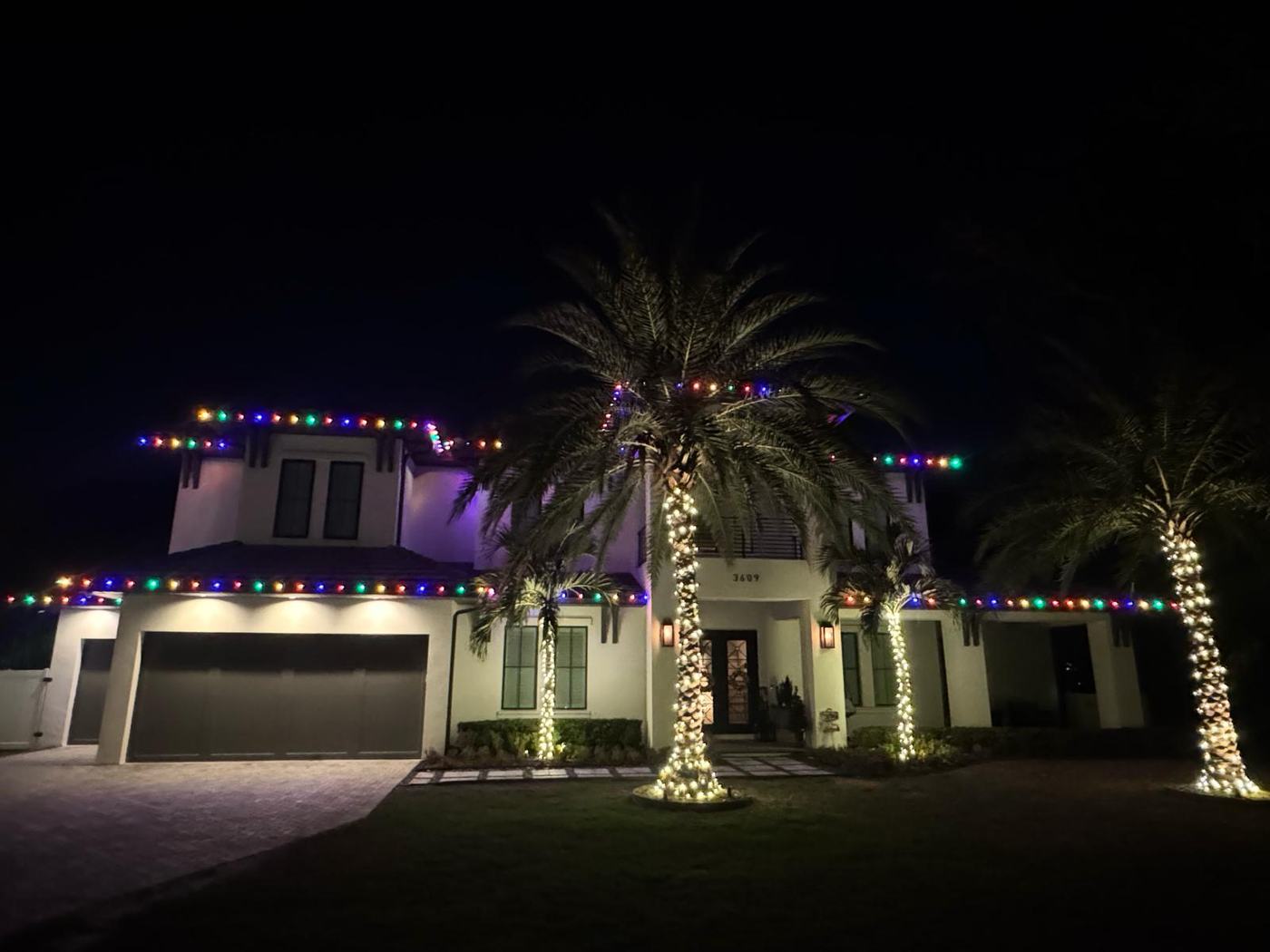 Multicolour roofline with warm white wrapped palms on a Florida home